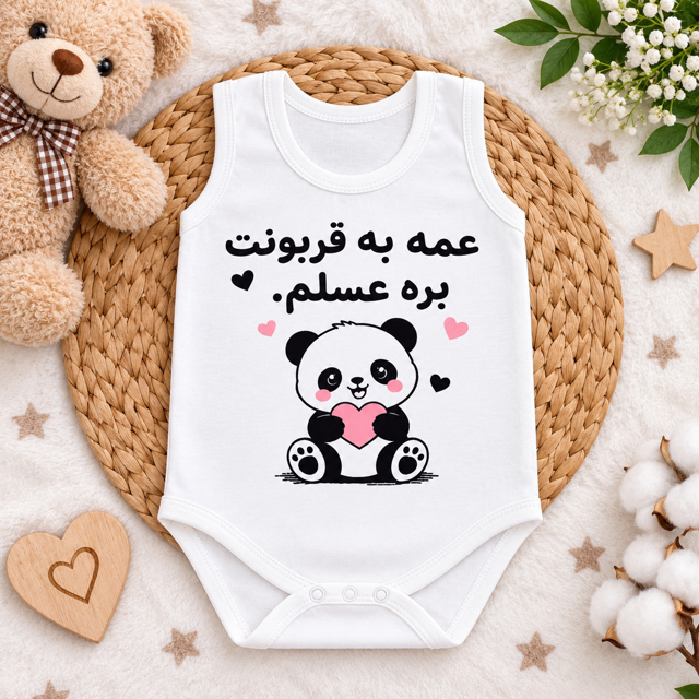 زیر دکمه رکابی نوزادی طرح خرس با نوشته عمه به قربونت بره عسلم ۱/۲/۳