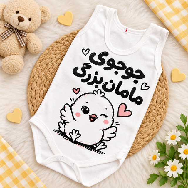 زیر دکمه رکابی نوزادی طرح خرس با نوشته جوجه ی مامان بزرگ ۱/۲/۳