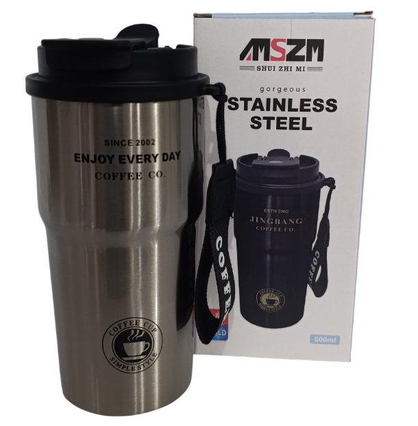 تراول ماگ استیل ضد زنگ دو حالته Jingbang مدل MSZM ظرفیت 500 میلی لیتر مناسب نوشیدنی گرم و سرد با بند COFFEE نقره ای-کد143