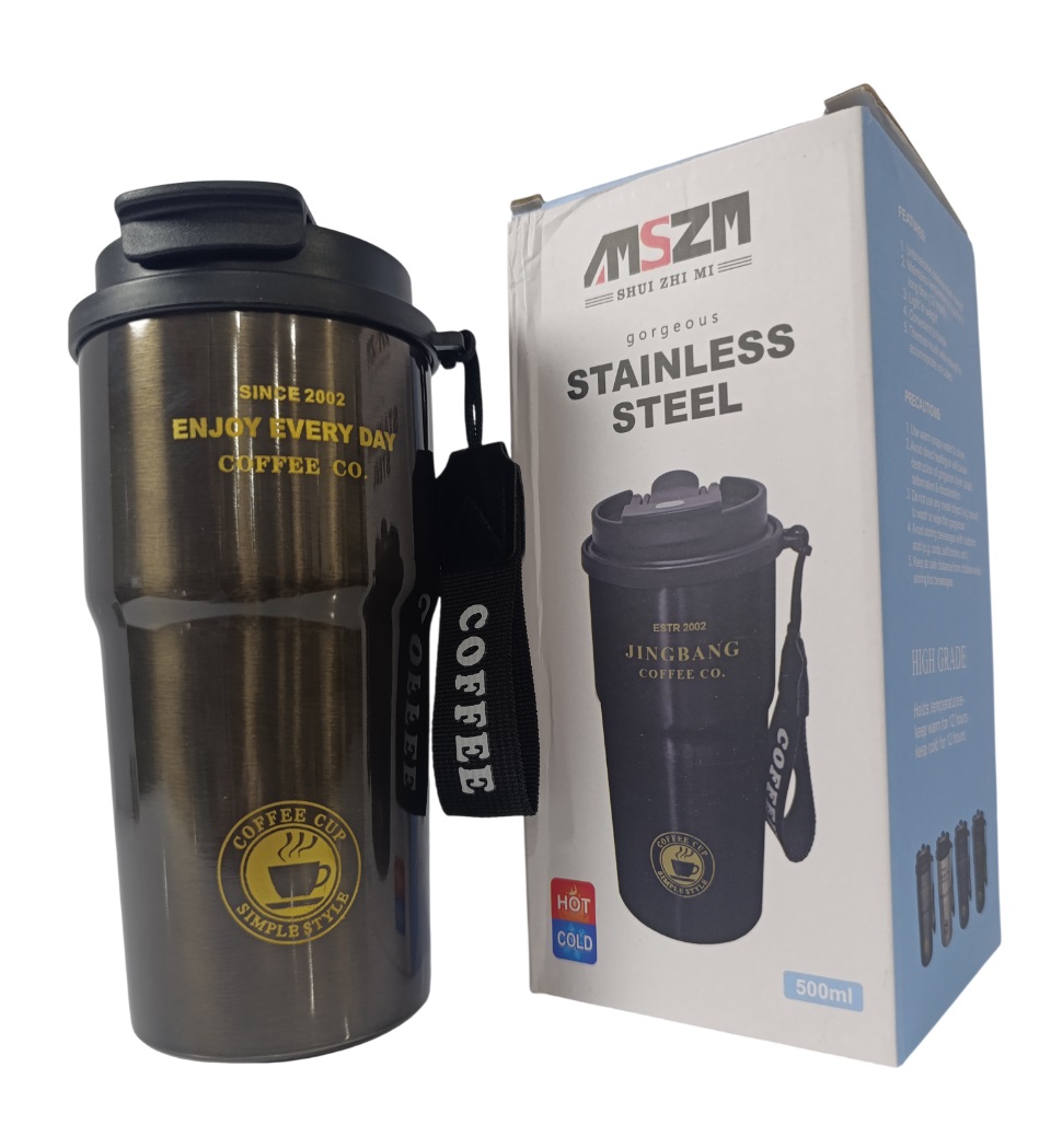 تراول ماگ استیل ضد زنگ دو حالته Jingbang مدل MSZM ظرفیت 500 میلی لیتر  مناسب نوشیدنی گرم و سرد نوک مدادی با بند COFFEE کد143
